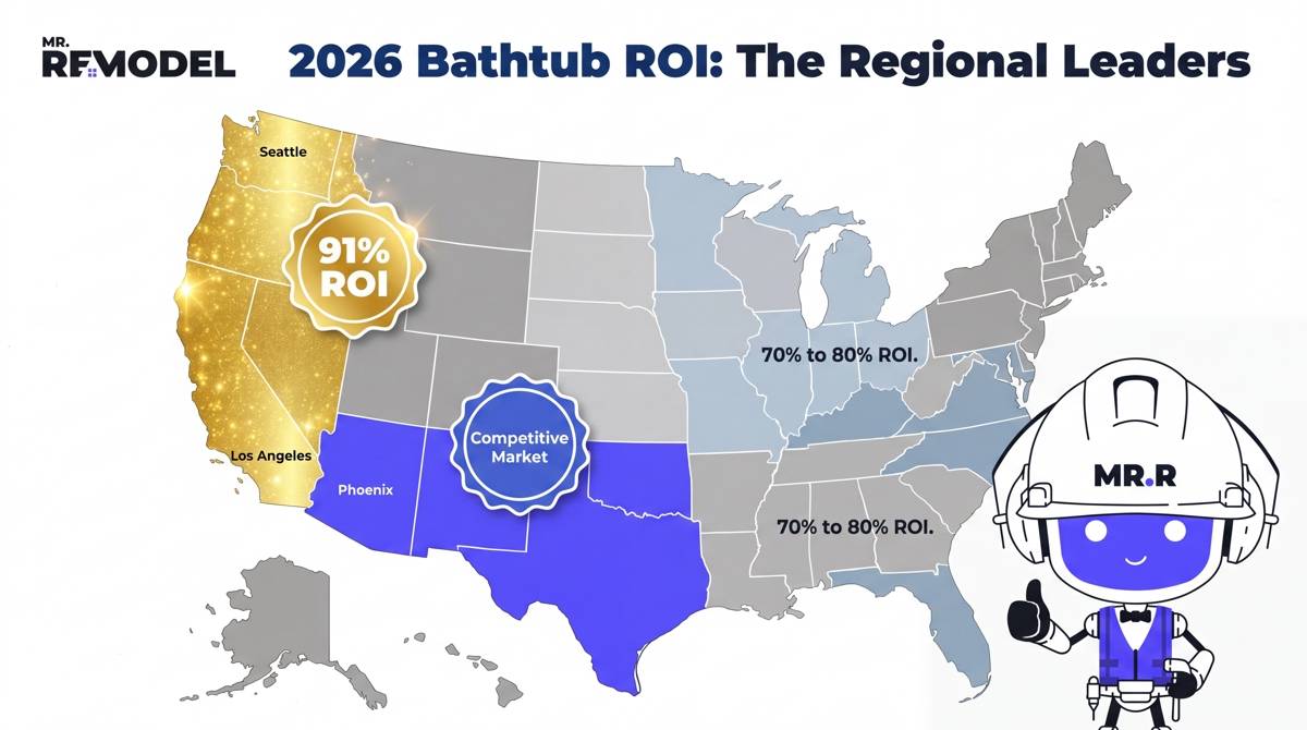 A regional ROI map showing the disparity in bathtub remodel cost recovery across the United States in 2026.